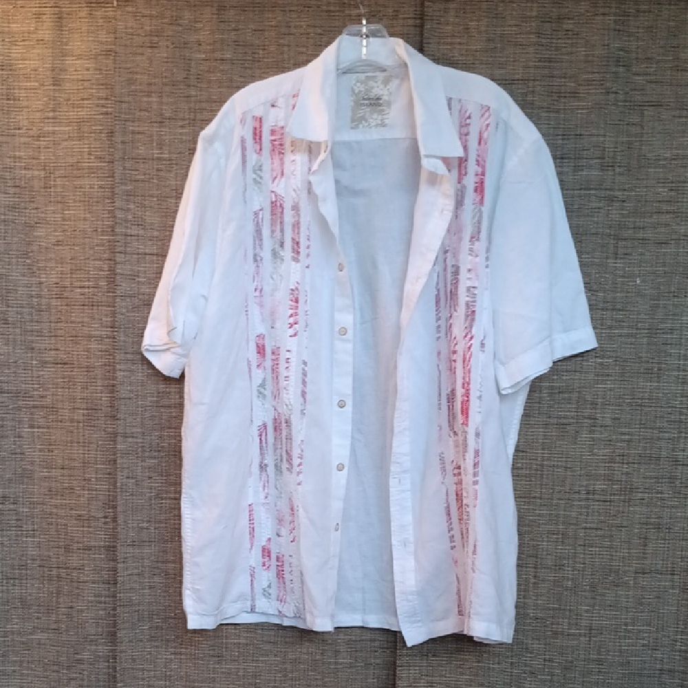 Tasso Elba White and Pink Striped Casual Cotton Linen Shirt